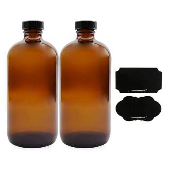 Cornucopia Brands 16oz Amber Glass Bottles w/ Reusable Chalk Labels and Lids, 2pk; Refillable Brown Boston Round Bottles