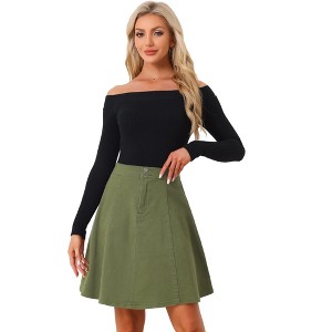 INSPIRE CHIC Women's High Waist A-Line Flared Pleated Above Knee Denim Skirt - 1 of 4
