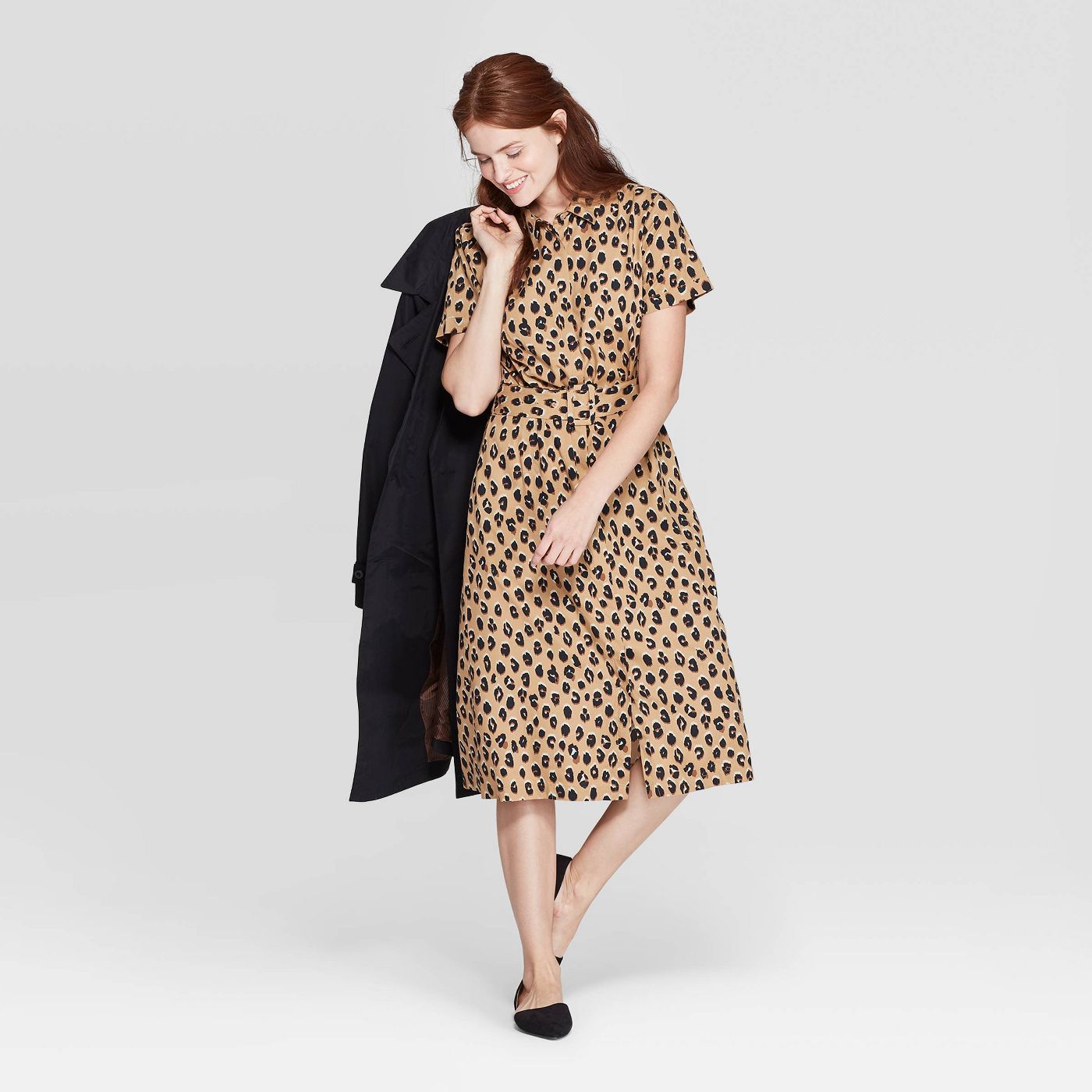 Women's Leopard Print Short Sleeve Collared Midi Shirtdress - A New Day™ Tan - image 1 of 3