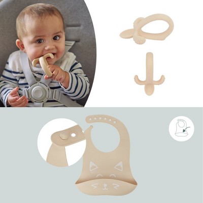 Beige Silicone Baby Feeding Set with Bowl, Spoon, and Bib