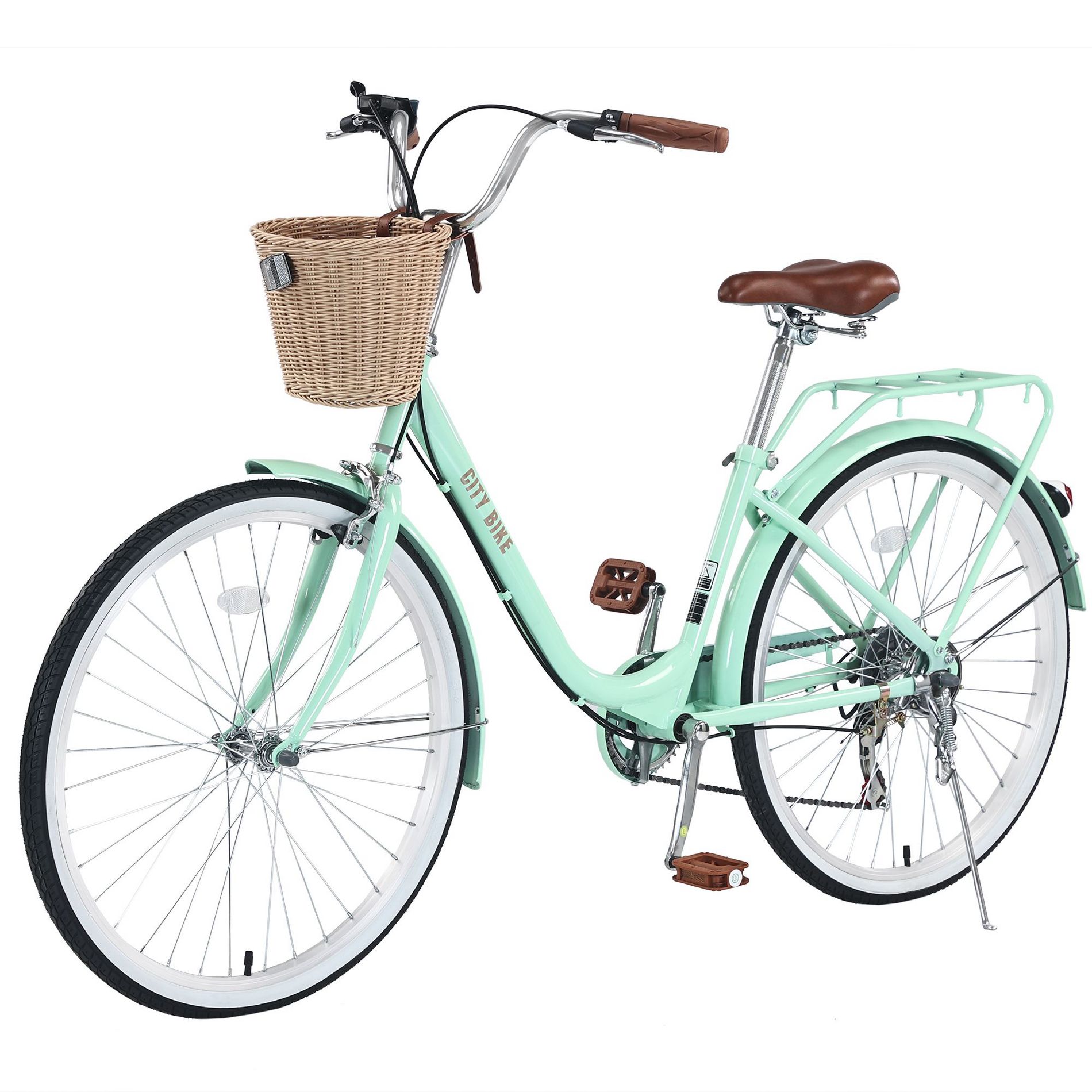 PAGED 26 Inch City Bike with 7 Speed Gears for Girls, Daily Bicycle with Steel Frame, Sturdy Basket, Green