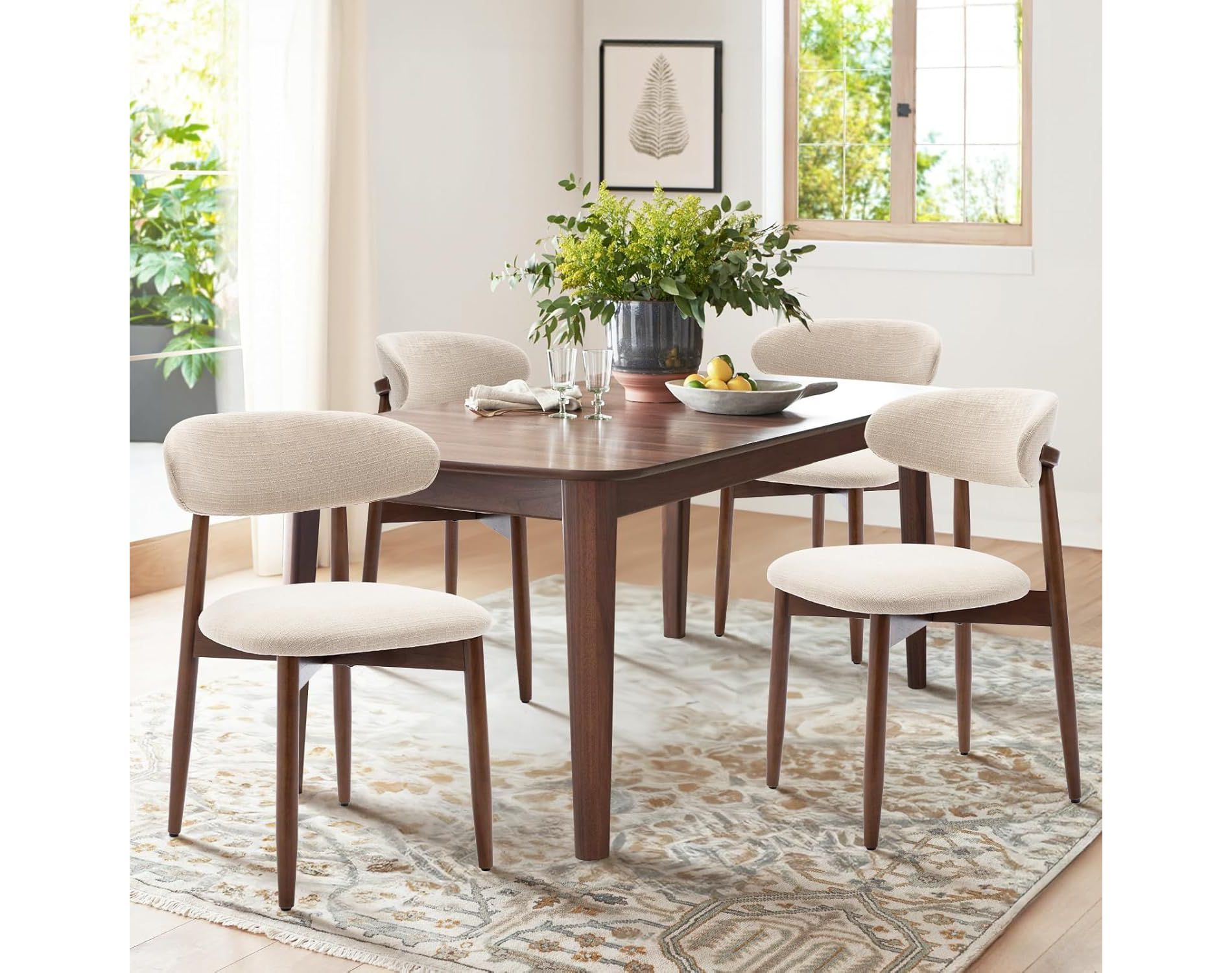 Set of 2 Modern Upholstered Wood Dining Chairs with Fabric Seat and Foot Pegs, Kitchen Side Chairs for Dining Room or Cafe
