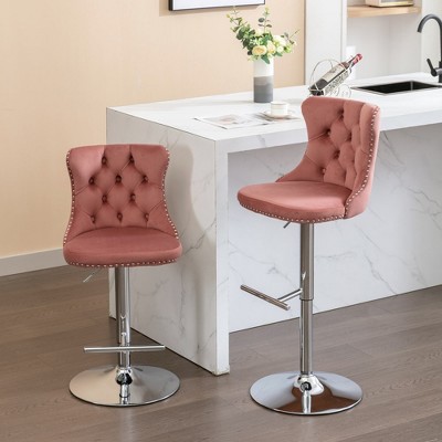 18.1"Set of 2 Swivel Velvet Barstools Adjusatble Seat,khaki