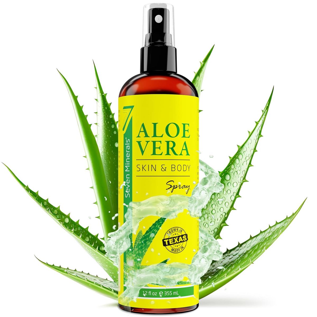 Seven Minerals, Organic Aloe Vera Spray for Body & Hair - From Freshly Cut Aloe Plant, Extra Strong, Easy to Apply, - Made in USA (Big 12 fl oz)