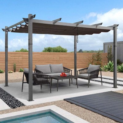 PURPLE LEAF Outdoor 10' x 13' Retractable Pergola with Canopy for Garden Porch Beach Gazebo Wood Grain Frame Pavilion Patio Pergola