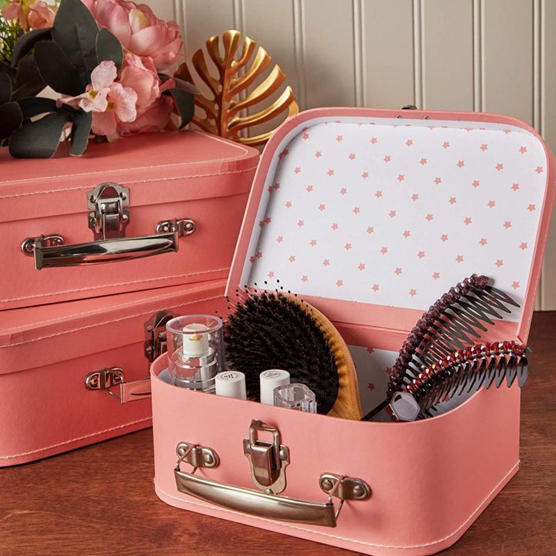 Okuna Outpost Set of 3 Different Sizes of Paperboard Suitcases with Metal Handles, Decorative Cardboard Storage Boxes, Pink, 2 of 7