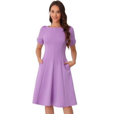 INSPIRE CHIC Women's A-Line Work Square Neck Ruched Short Sleeve Midi Dress