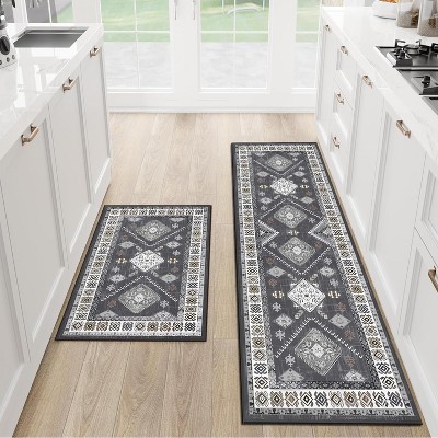 DOMETOUR Boho Kitchen Rugs Set 2 Piece Washable Throw Rugs with Rubber Backing Non Slip Floor Mats for Kitchen, Laundry Room, Entryway