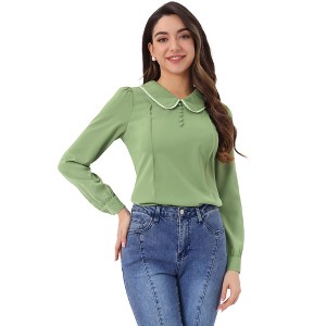 INSPIRE CHIC Women's Peter Pan Collar Crochet Trim Long Sleeve Work Office Blouse - 1 of 4