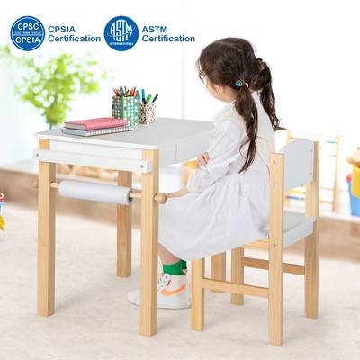 White and Natural Wooden Kids Art Table and Chair Set with Paper Roll