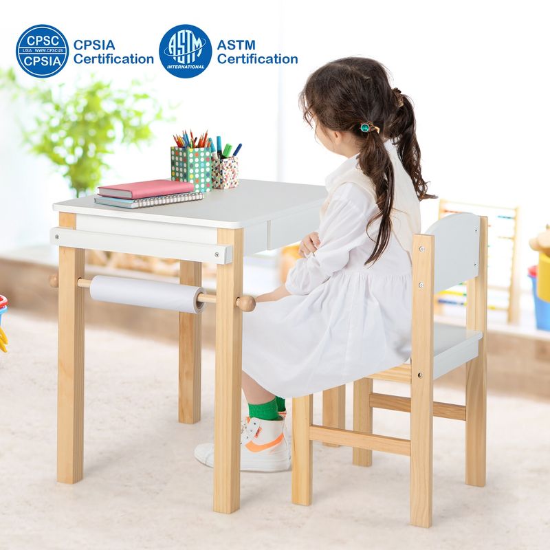 Costway Kids Table and Chair Set Wooden Activity Drawing Study Desk with Paper Roll  Drawer, 4 of 11