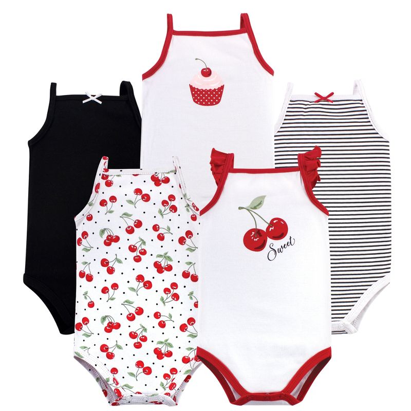 Hudson Baby Infant Girl Cotton Sleeveless Bodysuits 5pk, Cherries, 1 of 8