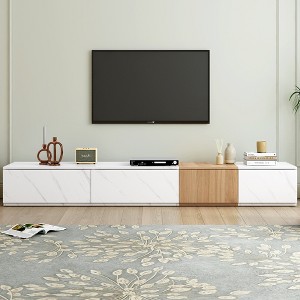 Whisen 88" TV Stand with Faux Marble and Walnut Wood Grain Finish, Modern Entertainment Center with 4 Storage Drawers - 1 of 4
