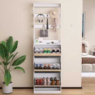 Vynxaria White Mirrored Shoe Cabinet Freestanding Coat Rack with 5 Hooks and Ample Shoe Storage, Ideal for Entrance Porch