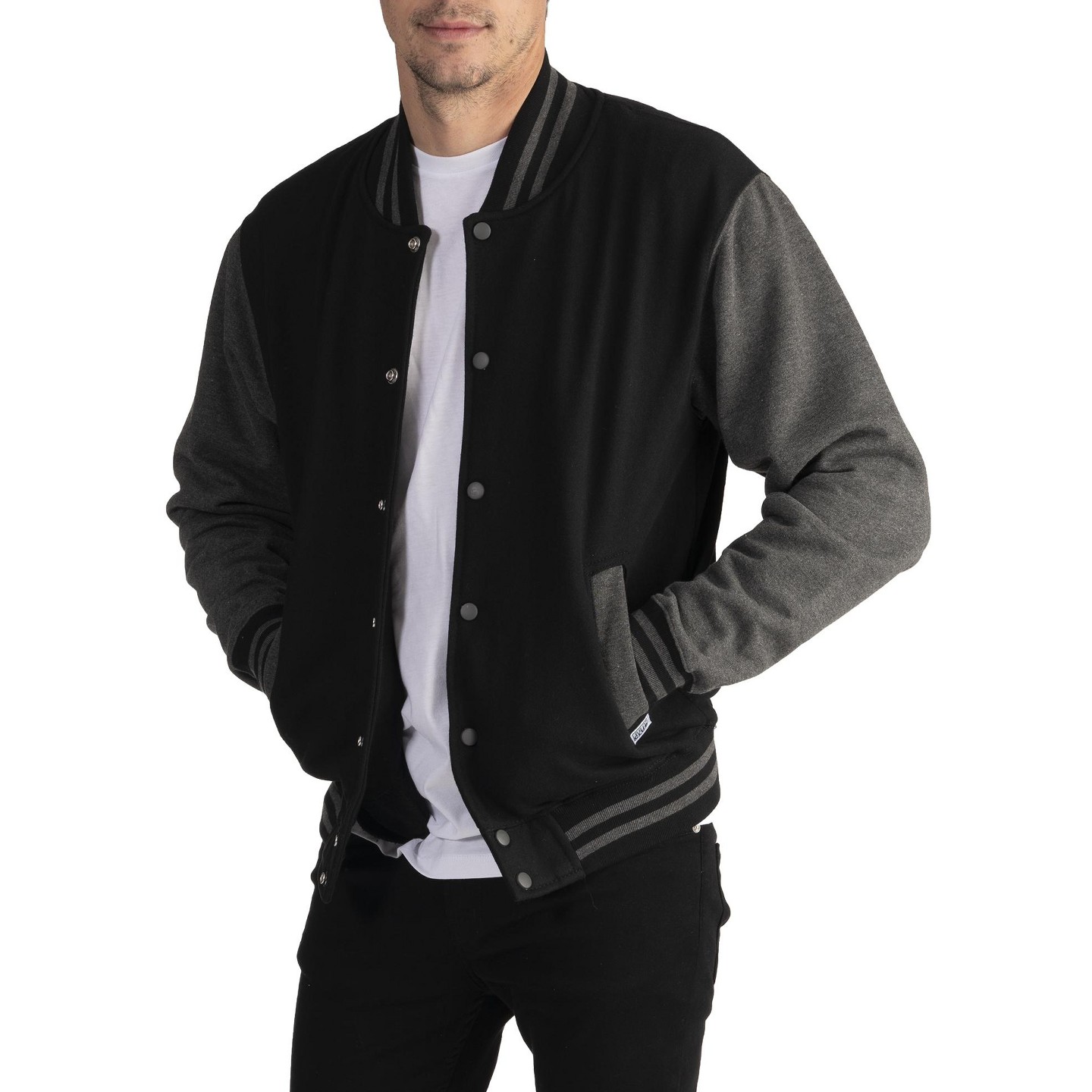 Мужские куртки Pro Club Varsity Heavyweight Fleece Baseball Jacket - Black/Charcoal - Small — фото 3