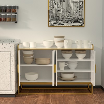 Vynxaria Modern Kitchen Buffet Storage Cabinet: White Gloss Cupboard with Metal Legs for Living Room and Kitchen, Stylish and Functional.