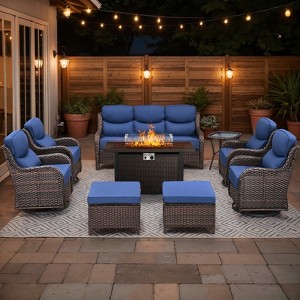 Belord All Weather Wicker Patio Furniture Set with Firepit Table, 9 Pieces 6-INCH Extra Thick Cushion Patio Furniture Set with 4 Swivel Patio Chairs - 1 of 4