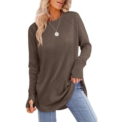 Women's Long Sleeve Tunic Tops Thumb Holes Loose Fit Crew Neck Shirt Curved Hem Fall Casual Blouse Tee Top
