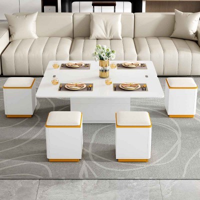 Lift-Top Coffee Table with 4 Storage Stools, Multi-Functional Adjustable Coffee Table, Coffee Table with High Gloss MDF Finish-Coolbibila