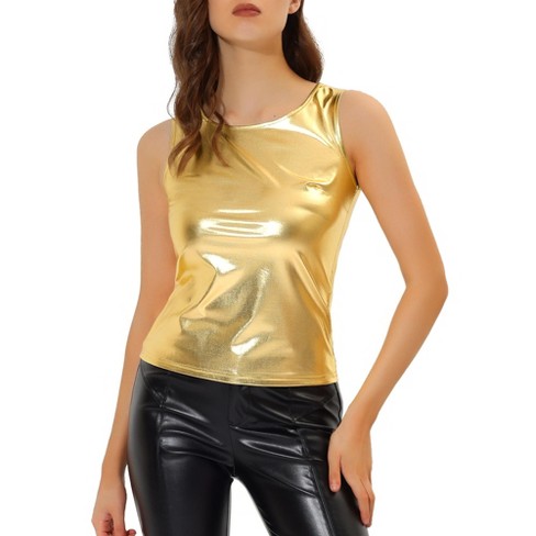 Allegra K Women's Relaxed Fit Metallic Shiny Party Deep-V Camisole Tank Top  Silver Medium