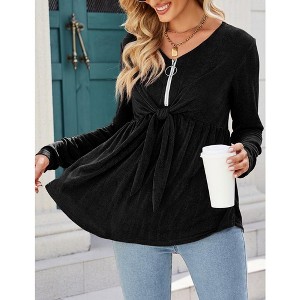 Women's V Neck Blouse Half Zip up Casual Tunic Shirts Babydoll Chest Tie Knot Shirts Ruched Flowy Hem Tunic Tops - 1 of 4
