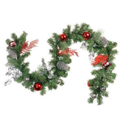 Northlight 6' x 8" Unlit Red/Silver Ornaments and Pine Cone Artificial Christmas Garland