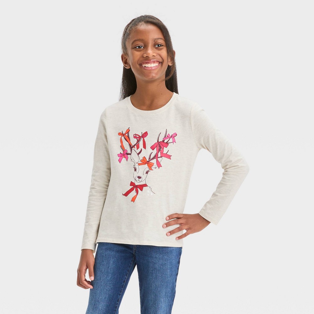 (Cases 12 )Girls' Long Sleeve 'Deer' Graphic T-Shirt - Cat & Jack™ Beige S