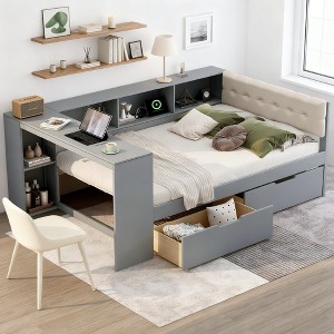 Luxystar Full Size Platform Bed with 2 Drawers, Storage Shelves, Charging Station and Upholstered Headboard - 1 of 4