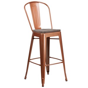 Merrick Lane 30" Metal Indoor-Outdoor Counter Stool with Vertical Slat Back, Integrated Footrest and Wood Seat - 1 of 4