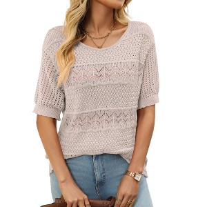 Women's Crochet Hollow Out Pullover Sweaters Casual Round Neck Half Sleeve Tops Blouses - 1 of 4
