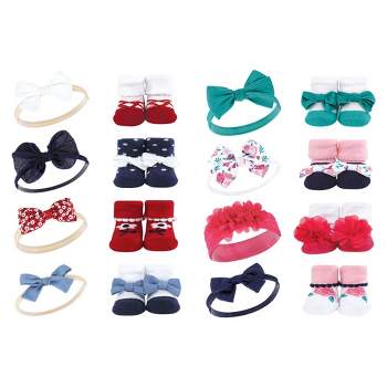 Hudson Baby Infant Girl 16Pc Headband and Socks Set, Red Navy Flower Bright Pink Floral, One Size
