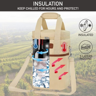 Cream Beige Insulated 4-Bottle Wine Tote Carrier with PU Leather Trim
