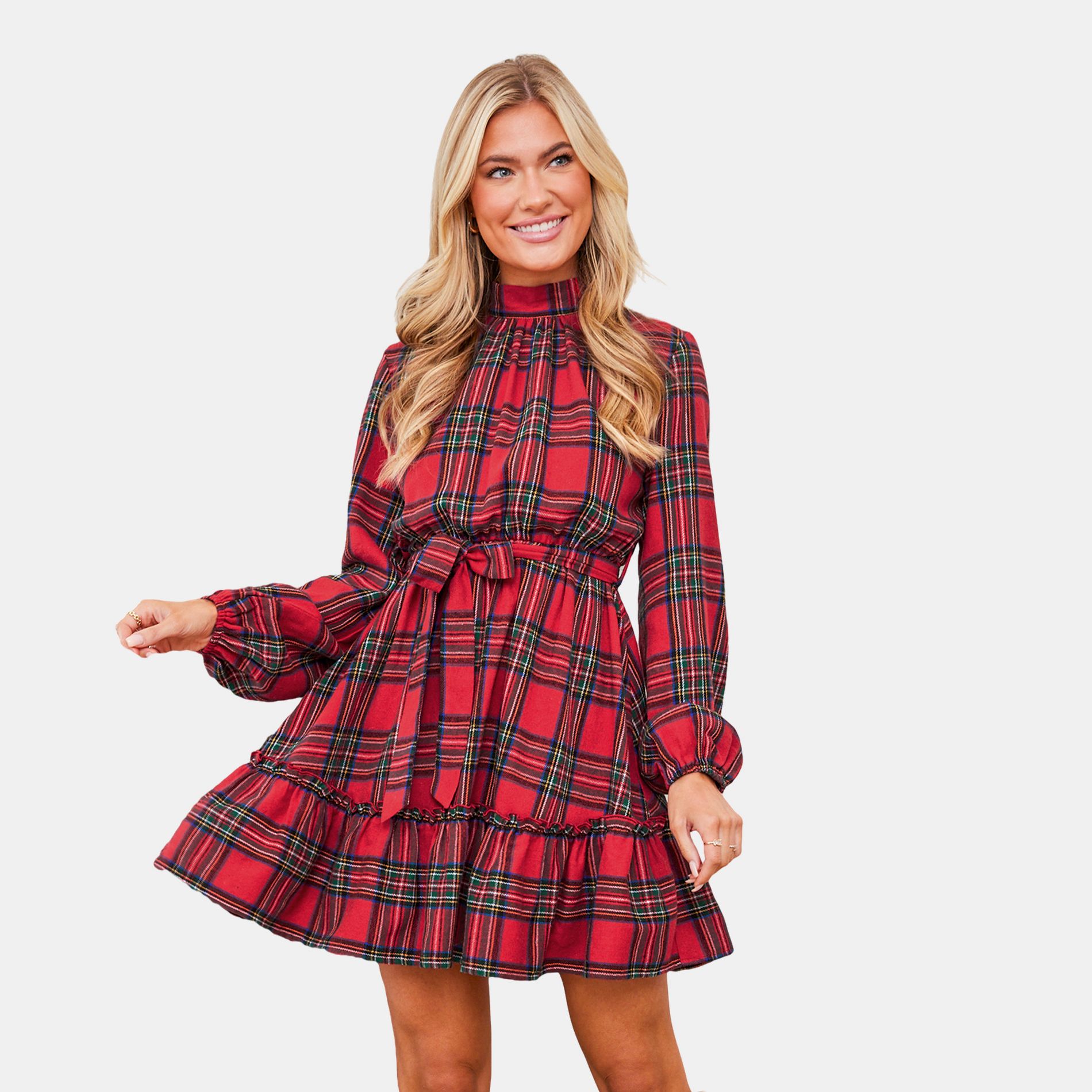 Women's Plaid Tiered Mini Dress with Waist Tie Belt - Cupshe