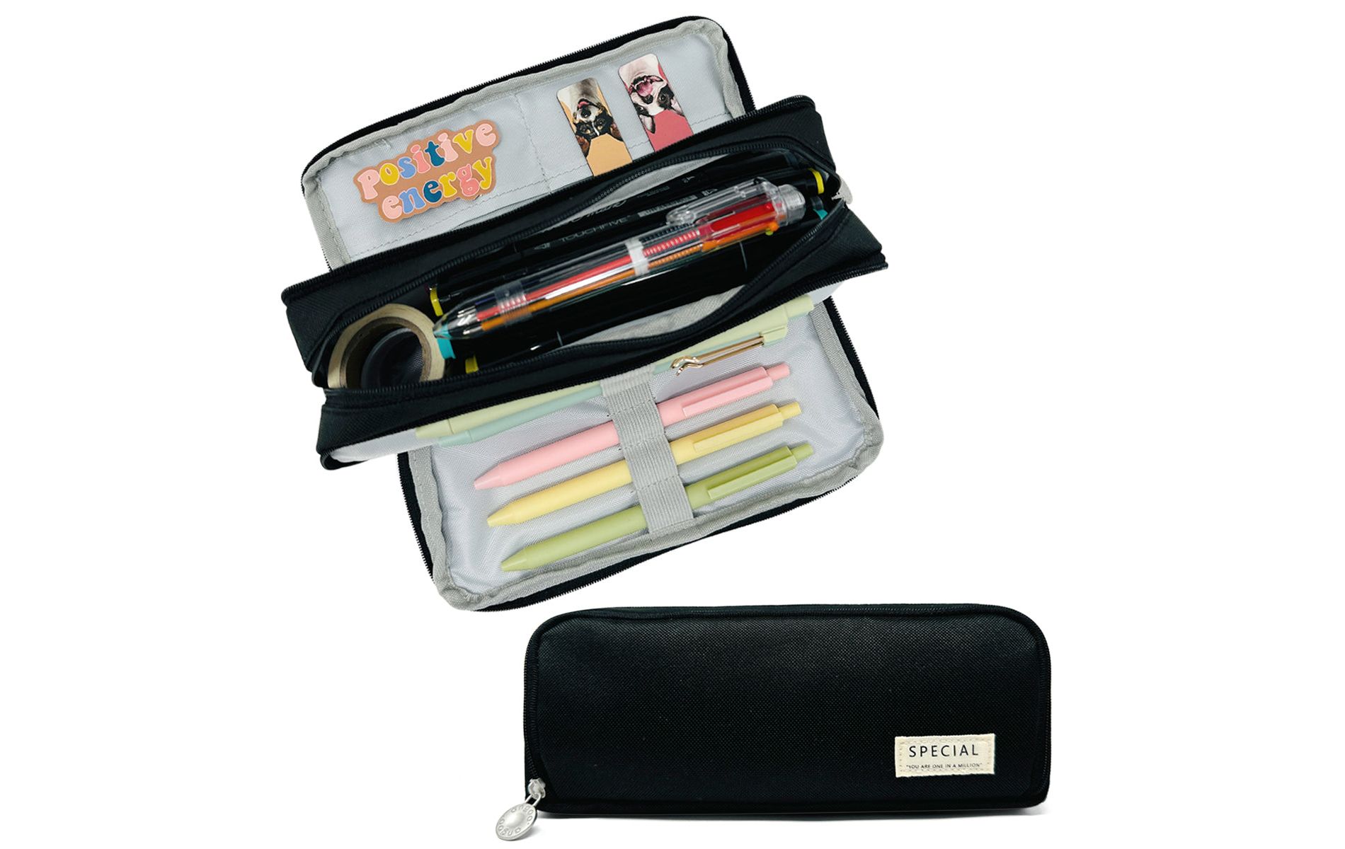 Wrapables Large Capacity Pencil Case, 3 Compartment Pencil Pouch for Stationery Pens, Black