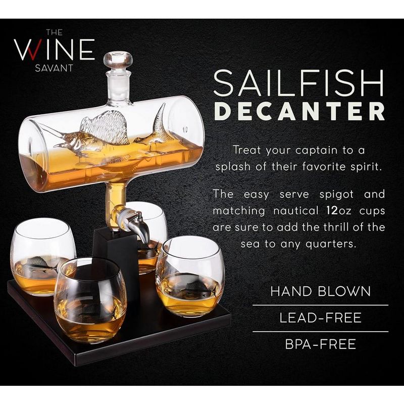 The Wine Swordfish & Sailfish Whiskey & Wine Decanter Set Includes 4 Whiskey Glasses Laid on A Beautiful Base, Stylish Home Décor, 4 of 7