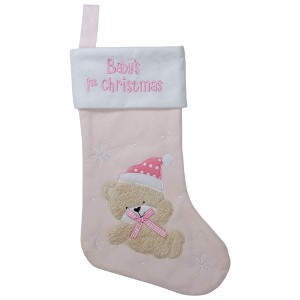 Northlight Baby's 1st Christmas Embroidered Teddy Bear Stocking - 19" - Pink and White - 1 of 4