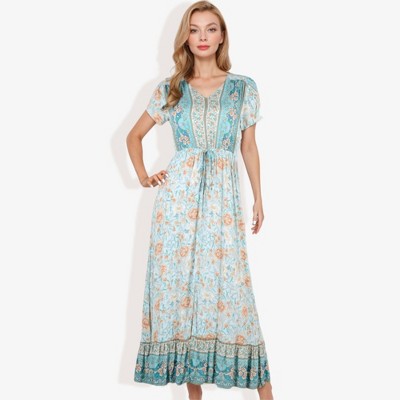 Anna-Kaci Women's Floral Print Midi Dress With Short Sleeves And Drawstring Waist- Small, Light Blue