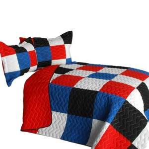 Slickblue Full/Queen 3 PC Quilt Set, Vermicelli-Quilted TC Fabric, Plaid Design, 13 Color Options, 90.5"x90.5" - 1 of 4