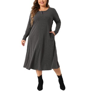 Agnes Orinda Women's Plus Size Crew Neck Button Long Sleeve with Pockets Casual Midi T-Shirt Dress - 1 of 4