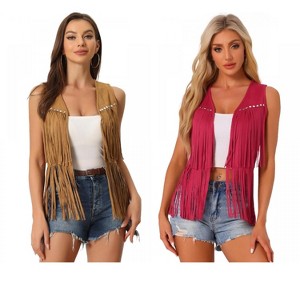 INSPIRE CHIC Women's 70s Western Open Front Faux Suede Fringe Vest 2 Packs - 1 of 4