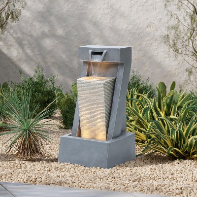 Gray Resin 2-Column Sculpture Outdoor Fountain with LED Lights