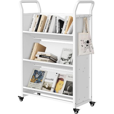 Book Cart with Wheels, 3-Tier V-Shaped Heavy Duty Rolling Library Cart with Lockable Casters, Single-Sided Metal Bookshelf for Office, School