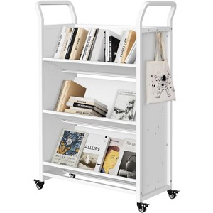 Book Cart with Wheels, 3-Tier V-Shaped Heavy Duty Rolling Library Cart with Lockable Casters, Single-Sided Metal Bookshelf for Office, School - 1 of 4
