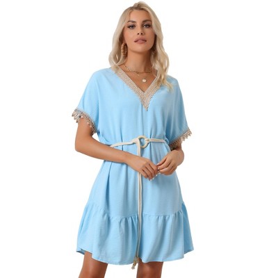 Allegra K Women's Summer Casual V-Neck Lace Short Sleeve Tie Waist Dress
