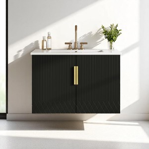 Mshliw 30 Inch Wall Mounted Bathroom Vanity with Sink, Modern Storage Cabinet with 2 Soft Close Doors, Ceramic Basin with 3 Faucet Holes - 1 of 4
