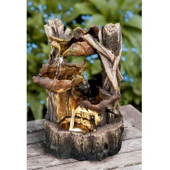 11" Tree Trunk Tabletop Water Fountain with 3 Leaves and LED Light Brown - Hi-Line Gift