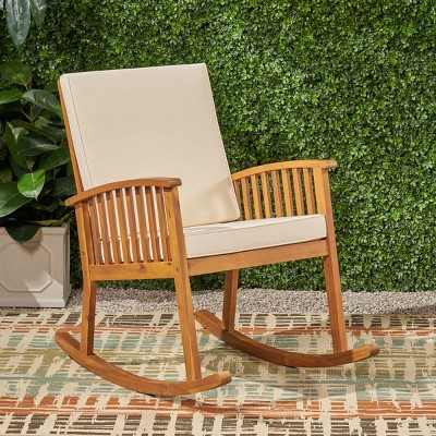 Outdoor Patio Acacia Wood Rocking Chair,Backyard Lounge Armrests Rocking Chair With Upholstered Backrest And Wooden Armrests-Coolbibila