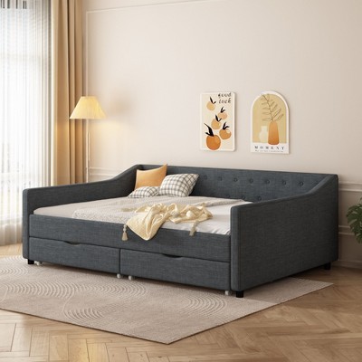 NicBex Full Size Daybed with 2 Drawers,Upholstered Tufted Button Sofa Bed for Bedroom,Living Room,Apartment,Dark Gray