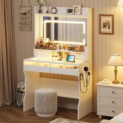 Whizmax Vanity Desk with Mirror and Lights, Makeup Vanity with 4 Drawers, 3 Adjustable Lighting Modes & Power Outlet, Small Vanity for Bedroom, White