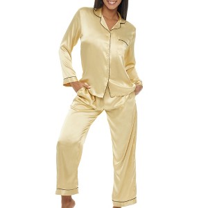ADR Women's Satin Pajamas Set, Button Down Long Sleeve Top and Pants with Pockets, Silk like PJs with Matching Sleep Mask - 1 of 4